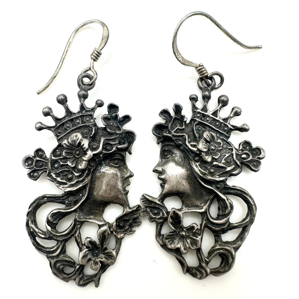 Victorian Art Nouveau Revival 925 sterling silver woman’s face hook earrings
